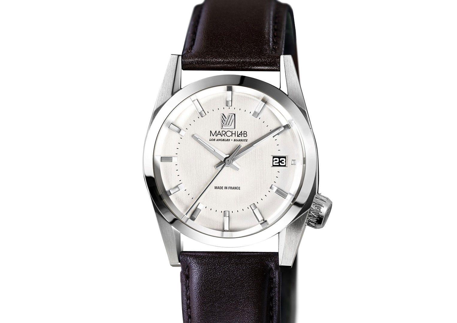 France's president Emmanuel Macron wears this quartz March LA.B watch